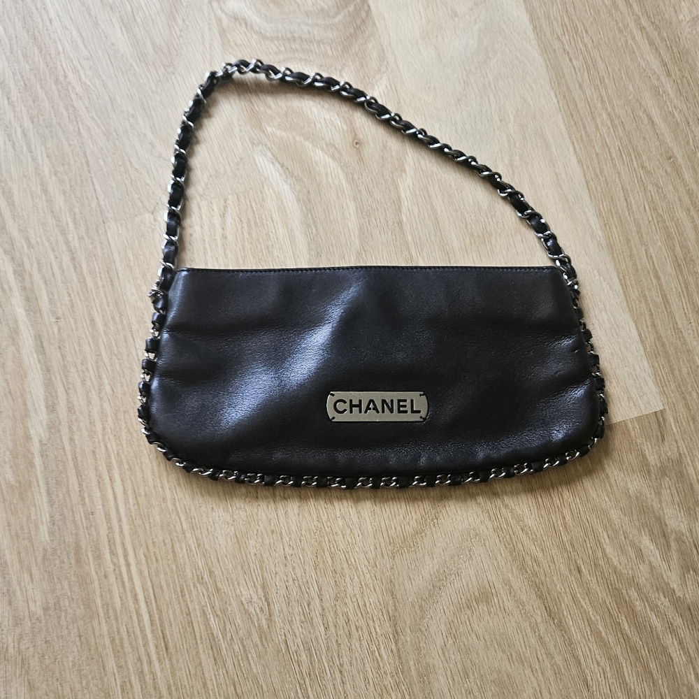 Chanel Black Lambskin Leather Chain Pochette Purse